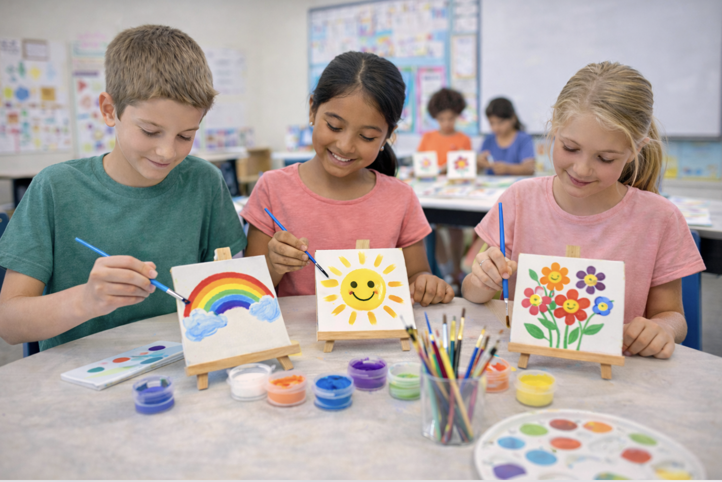 Three children painting small canvases with cheerful images of a rainbow, a smiling sun, and colorful flowers in a classroom.