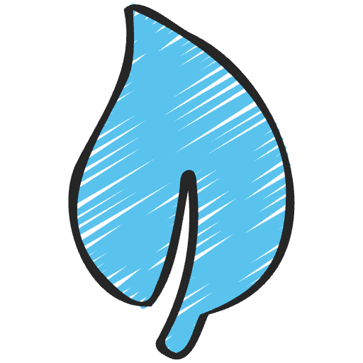 A blue illustrated leaf with black outline and detailed shading.
