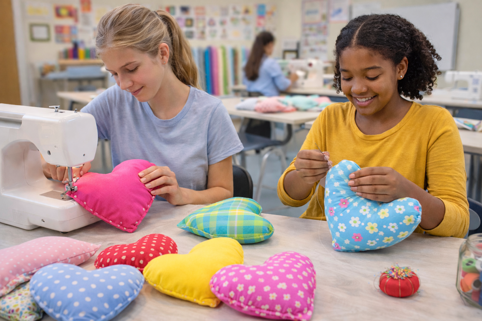 Two young girls sewing decorative heart-shaped pillows in a classroom, surrounded by colorful fabric example pillows.