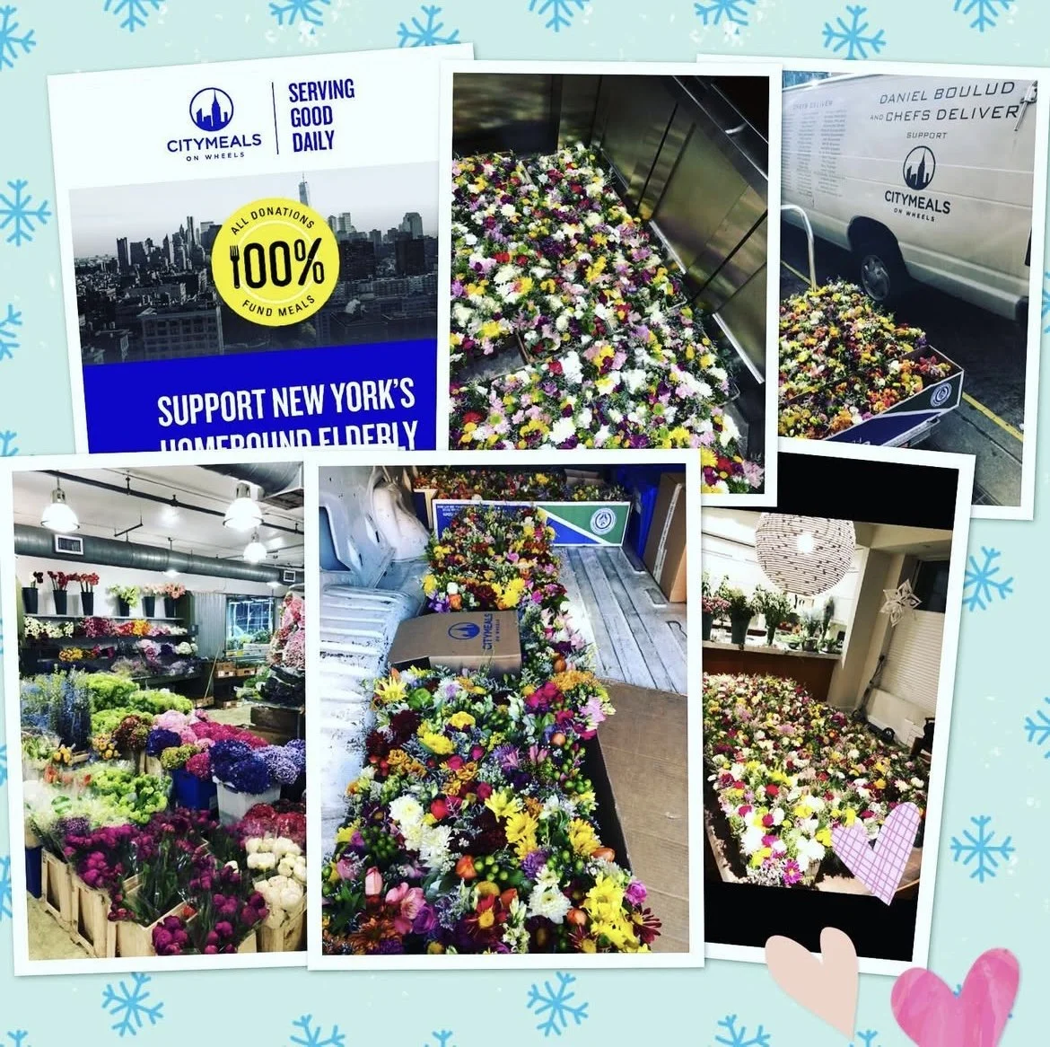 A collage of photos showing arrangements and a large variety of colorful flowers, likely for a floral delivery or event setup, with mentions of supporting New York's homebound elderly through Citymeals on Wheels.