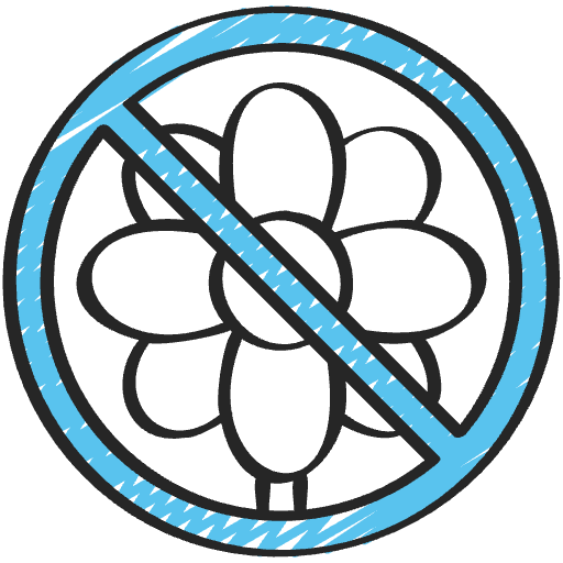 A black and blue sign with a flower in the center and a circle with a slash through it, indicating no flowers.