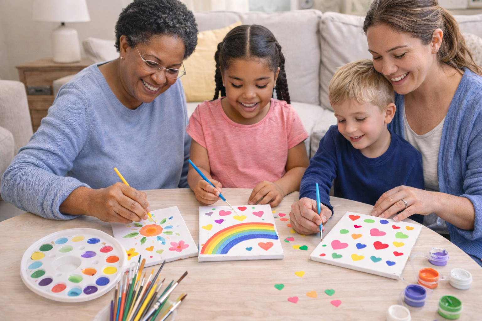 Four people, two adults and two children, sit at a table and paint colorful hearts, rainbows, and flowers on paper while smiling and enjoying a craft activity.