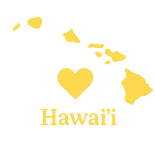 A stylized map of Hawaii in yellow with a heart symbol in the center and the word 'Hawaii' below it, all on a black background.