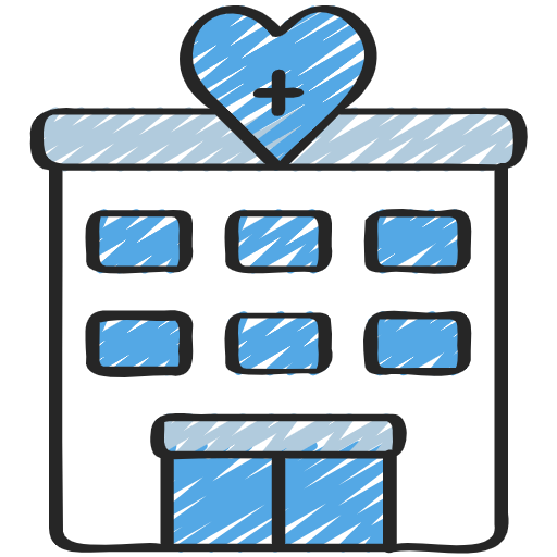 A stylized drawing of a building with a heart on top containing a plus sign, representing healthcare or medical services.