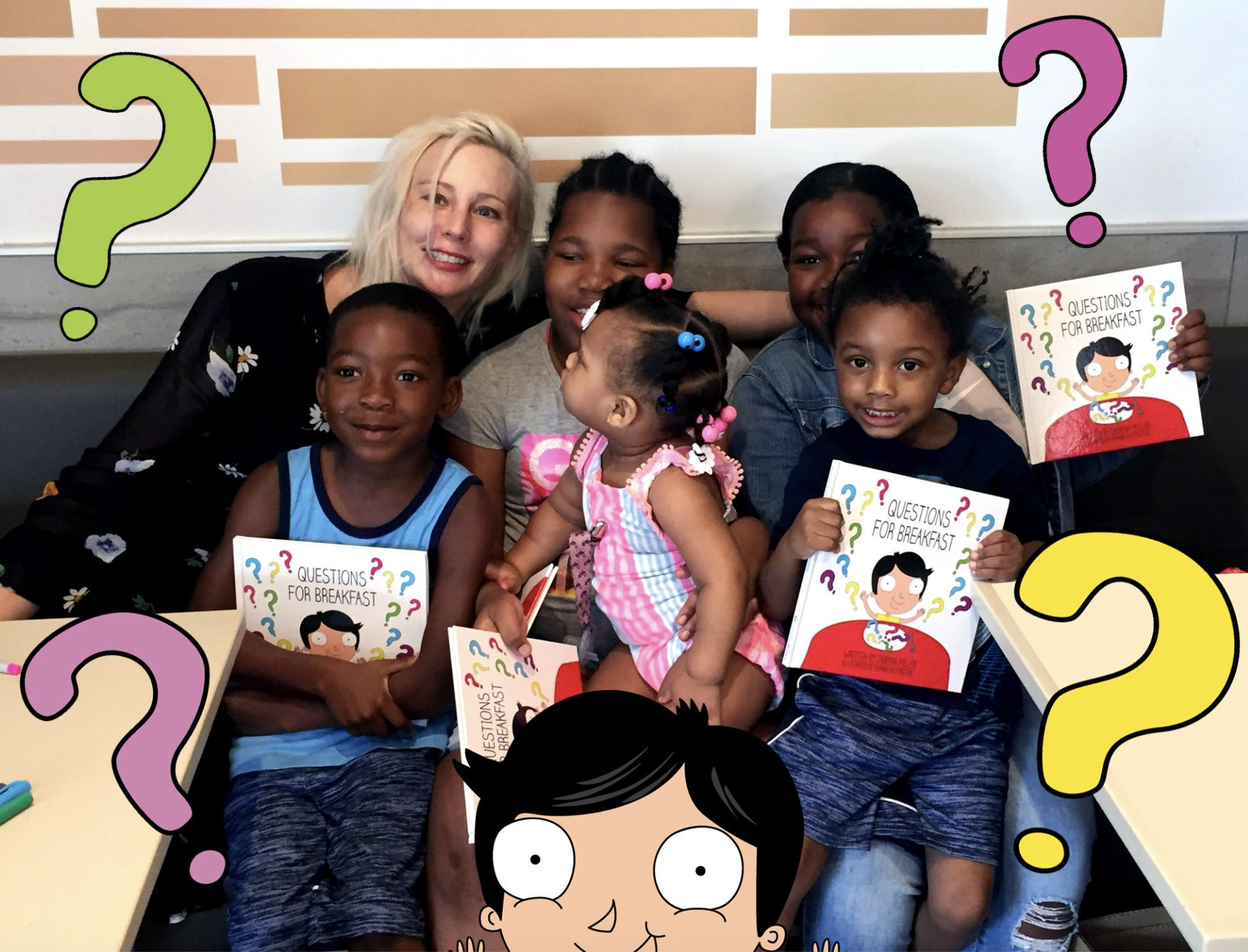 A group of young children and a woman sitting together in a room, holding books titled 'Questions for Breakfast'. Some children are smiling, and they are surrounded by colorful question marks and a cartoon character with a surprised expression.