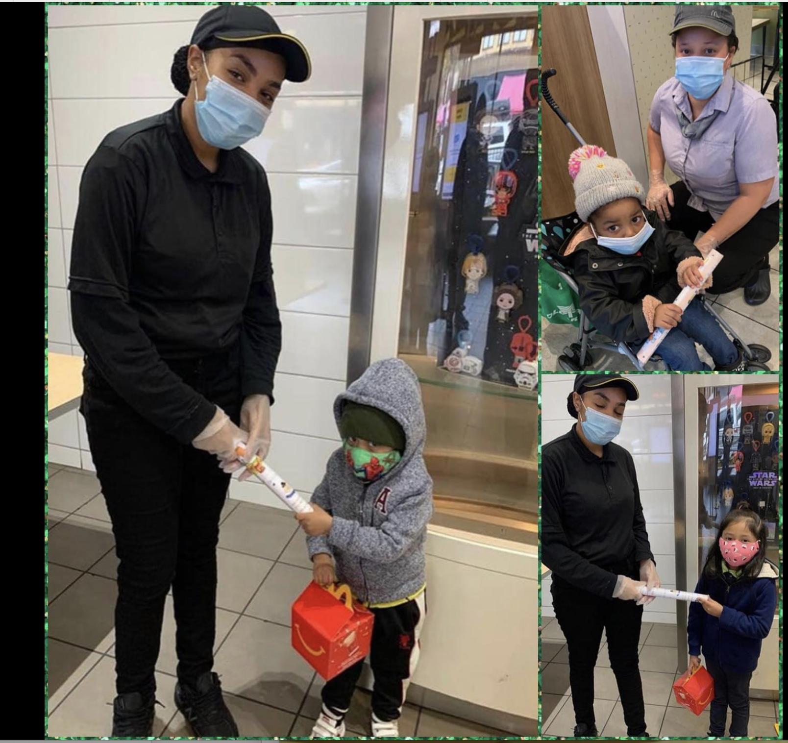 Children receiving paper scrolls from a staff member at a fast food restaurant while wearing masks.