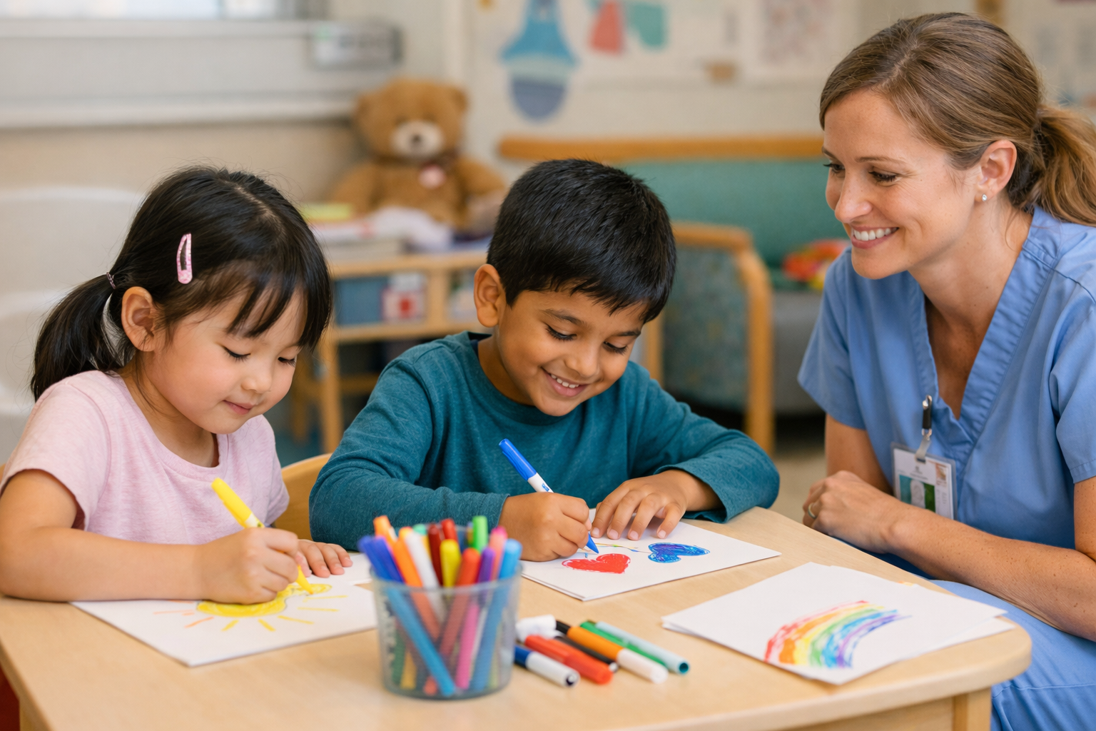 A teacher with two children, a girl and a boy, sitting at a table in a classroom, drawing colorful pictures with markers.