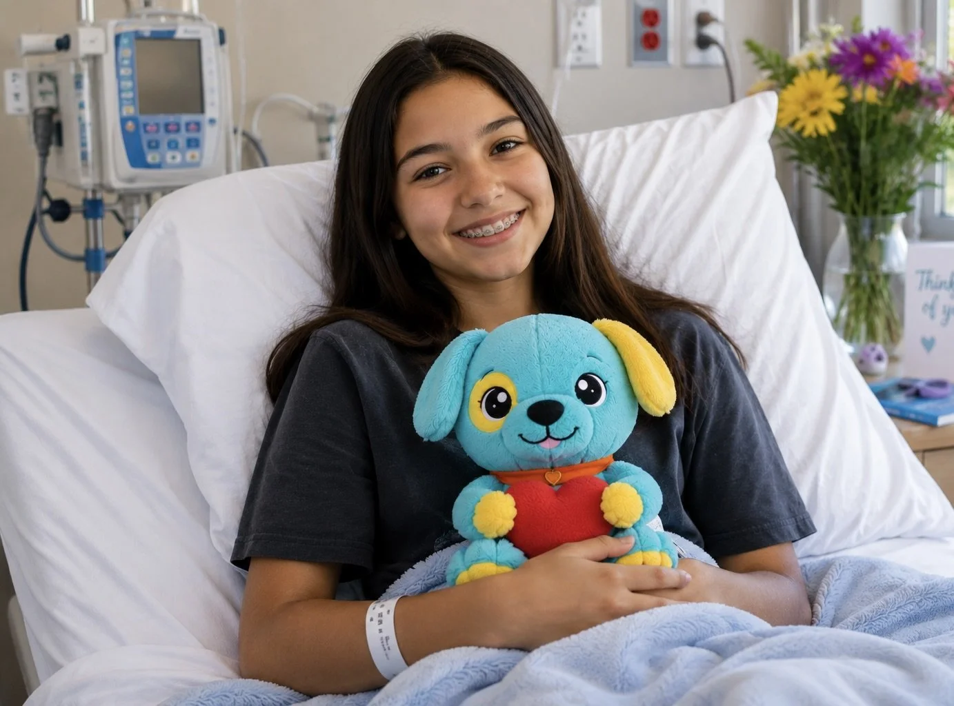 A young girl sitting in a bed, smiling and holding a plush unicorn toys with rainbow-colored mane and horn, beside an open coloring book, with colorful markers in a cup and books on a bedside table.