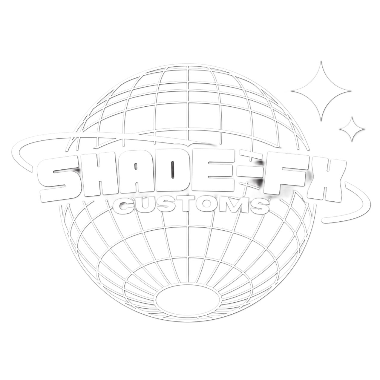 A black and white logo featuring a globe with grid lines, with the text 'SHADE-FX' in bold uppercase letters and 'CUSTOMS' below it, surrounded by stylized stars and orbit-like rings.