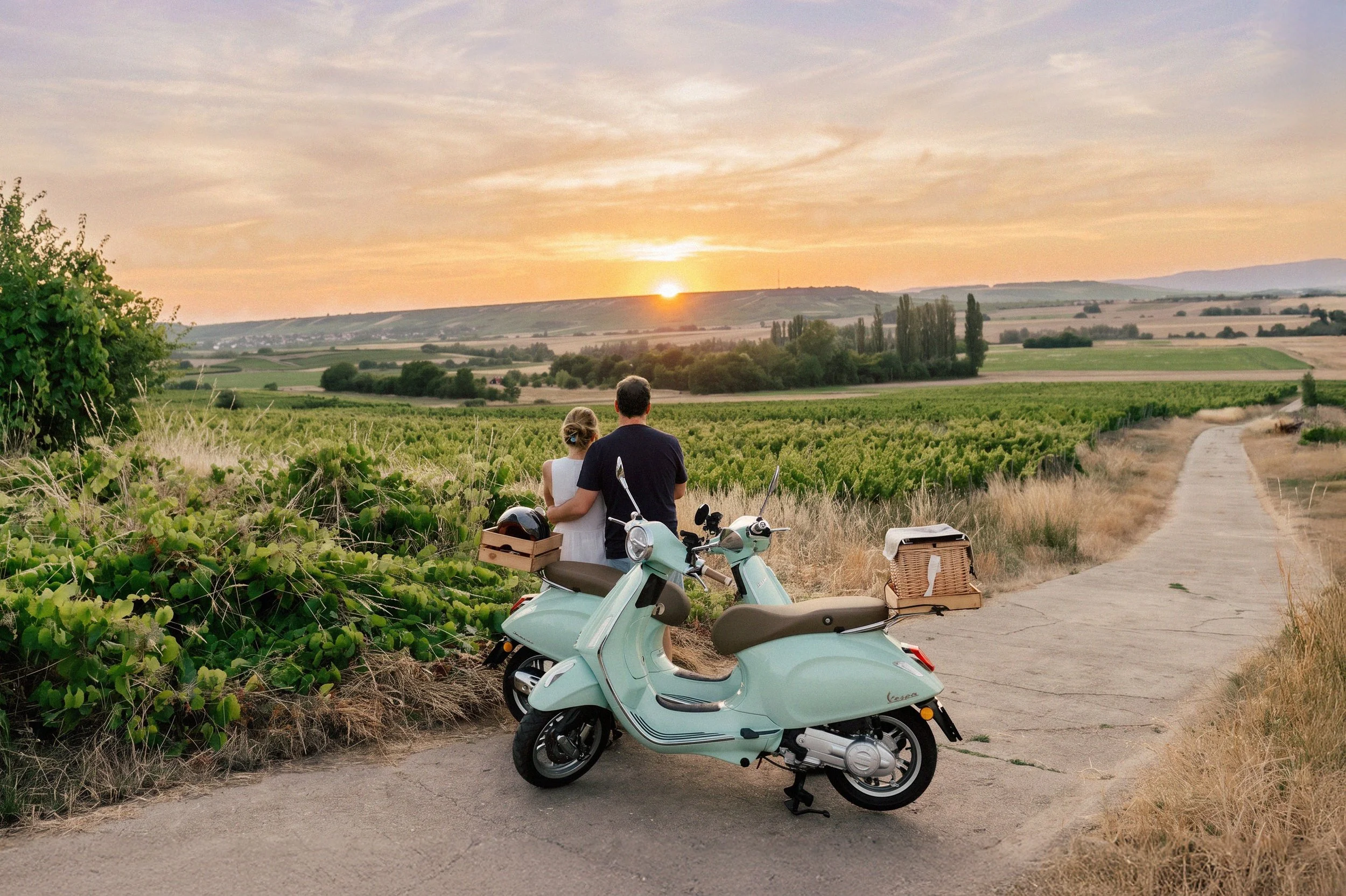 Vespa bei Sonnenuntergang in den Weinbergen Rheinhessens