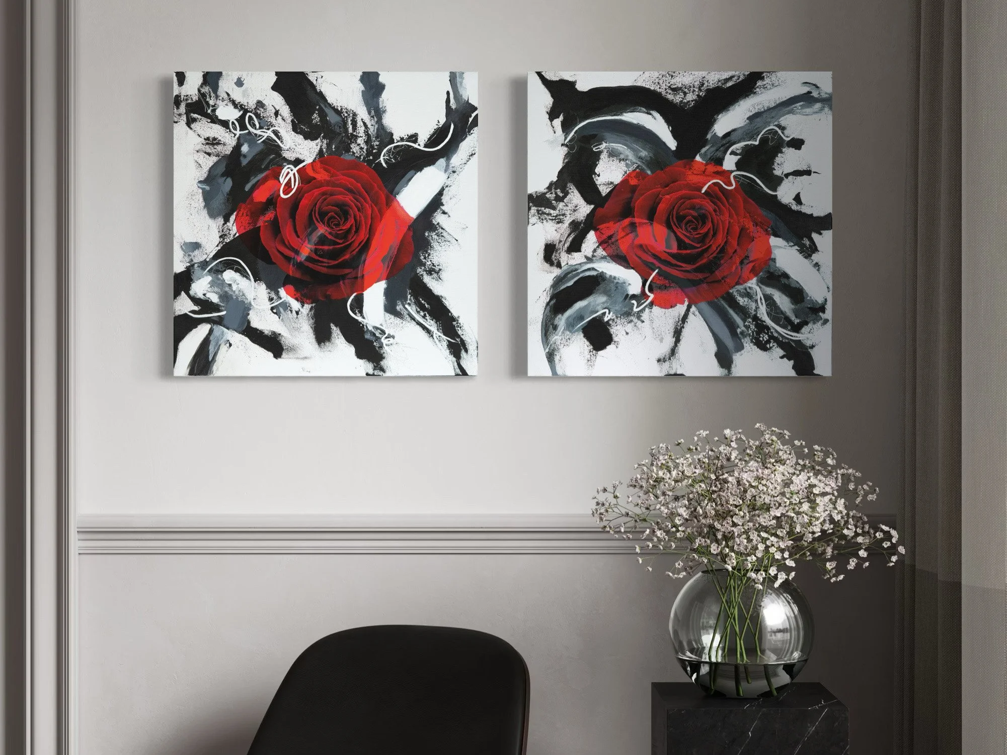 Go with the Flow 2.0 diptych displayed in a styled interior setting