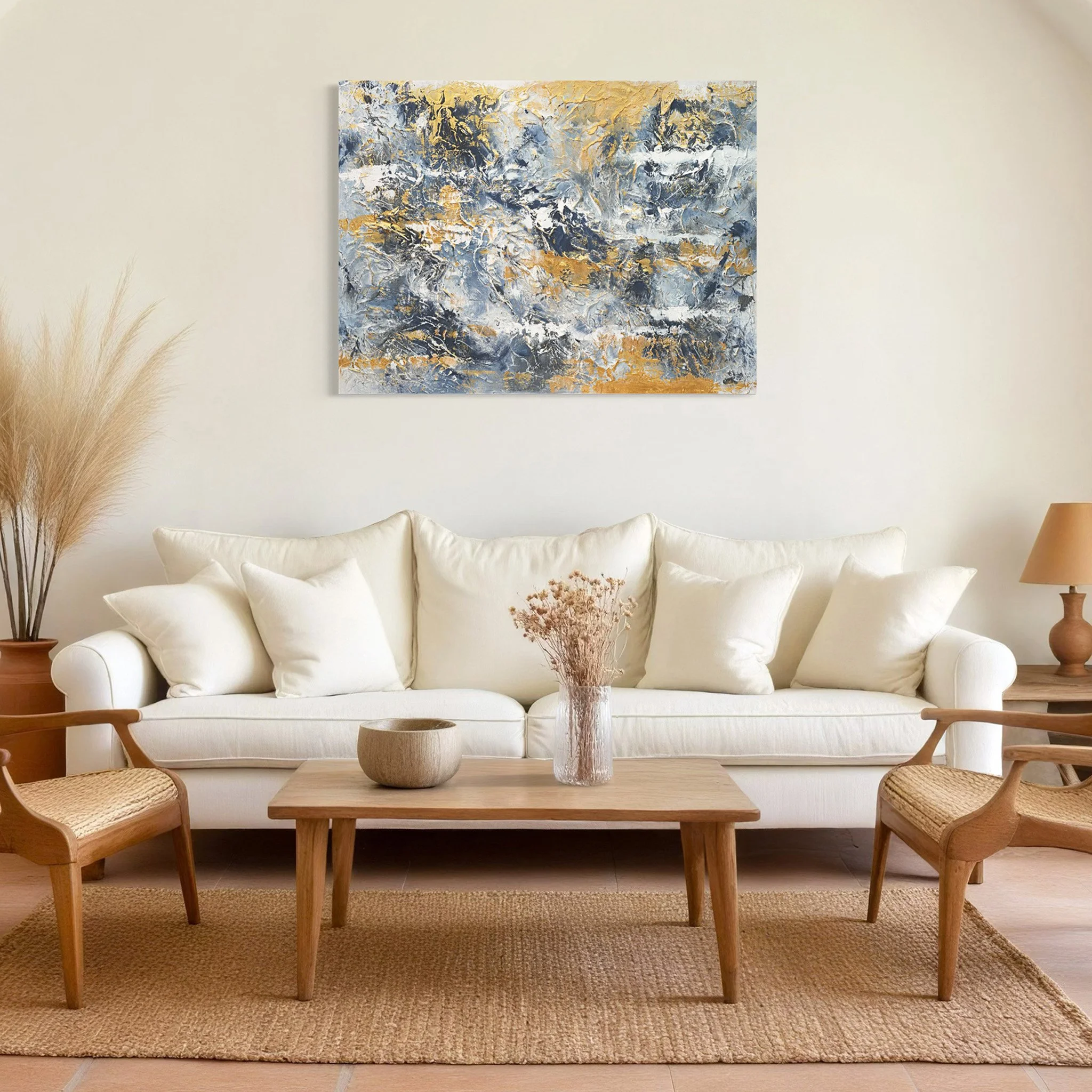 Abstract painting displayed in a modern living room interior.
