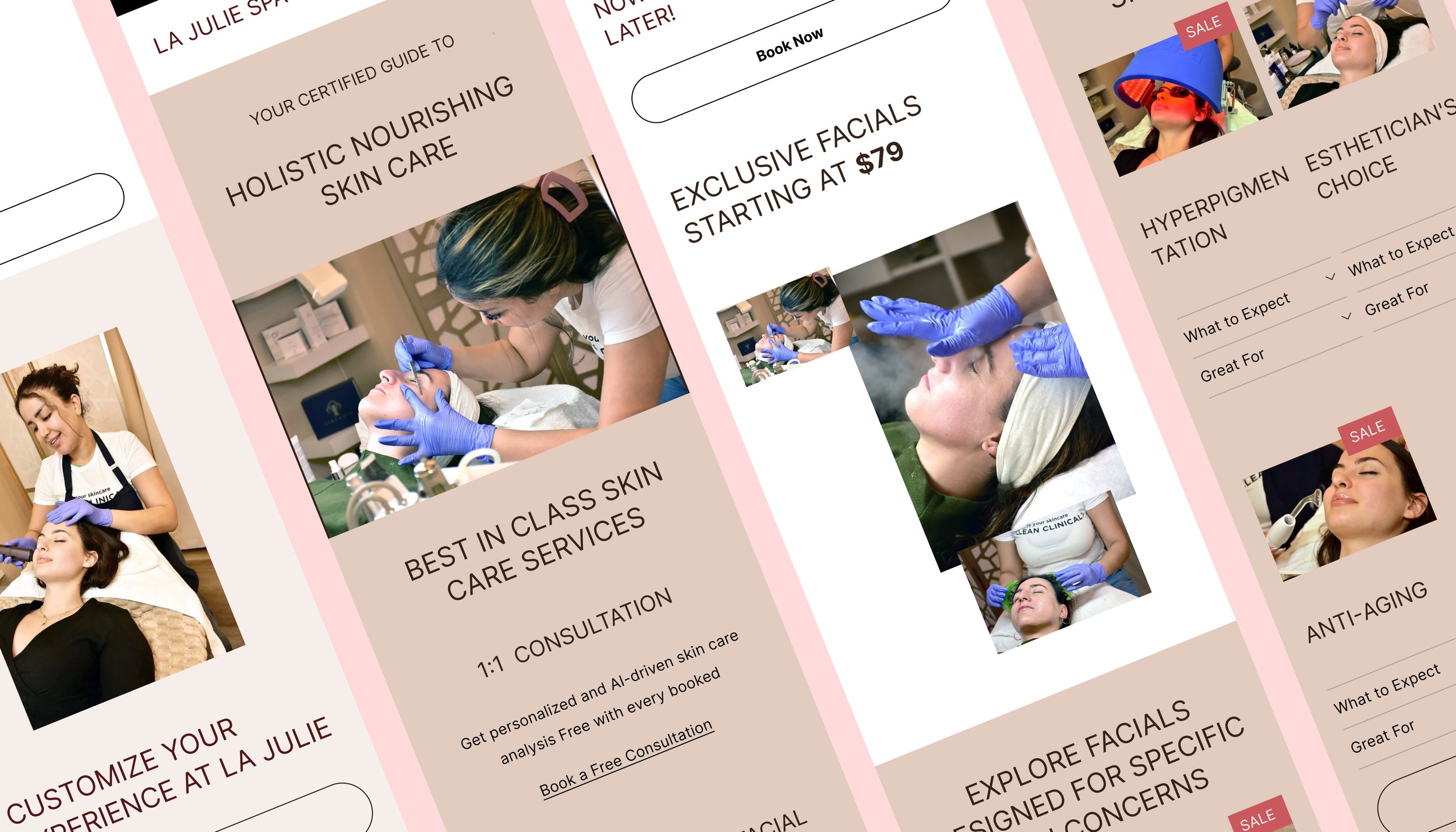 A collage of skincare and facial treatment promotional images showing women receiving facial care, skincare professionals performing treatments, and promotional text about skincare services, deals, and consultations.