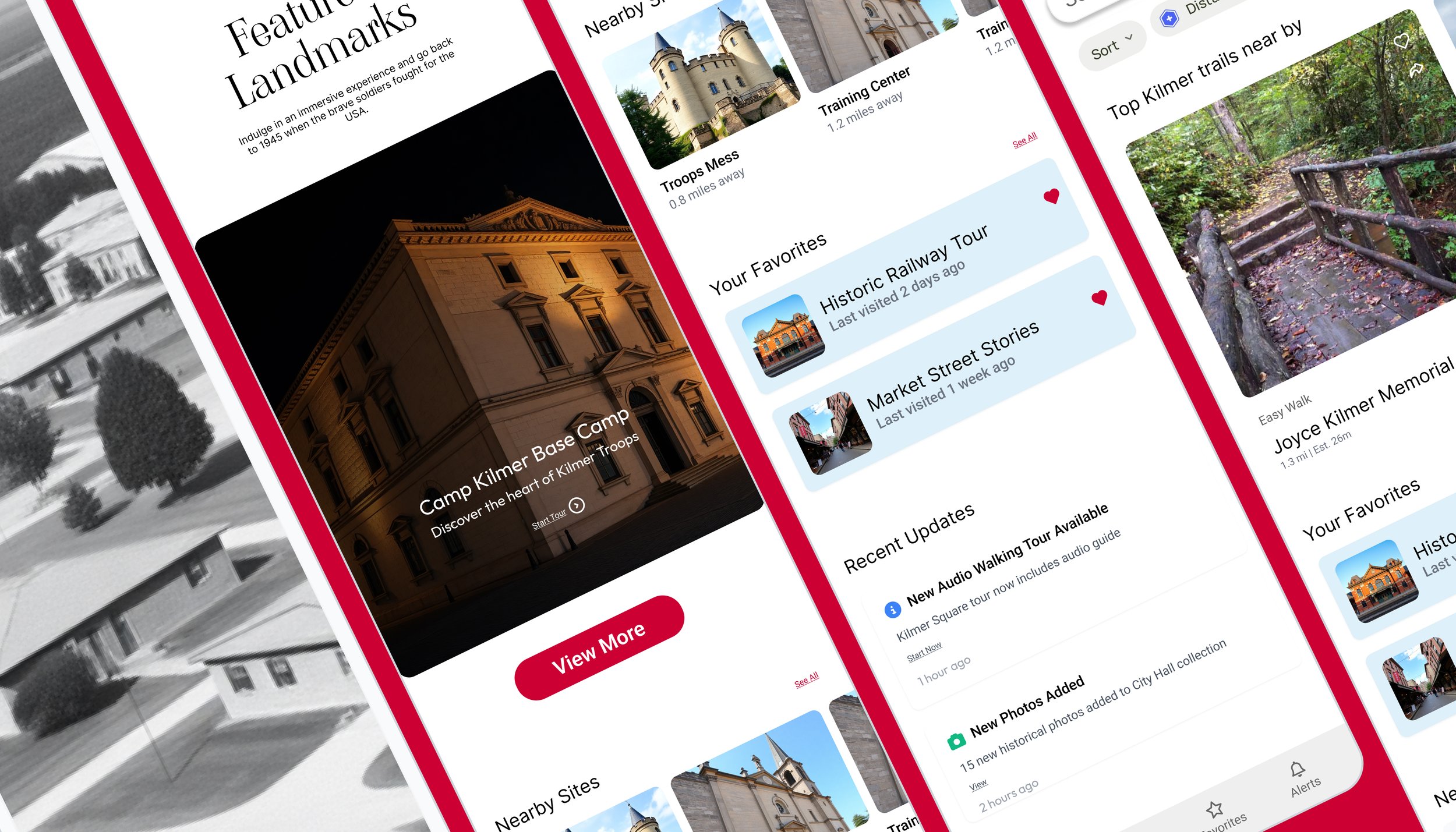 Screenshots of a mobile app showcasing features of a tour guide for KILMER, including a section about landmarks, nearby sites, popular trails, recent updates, and recommended tours, with images of a historic building and a trail in a forest.