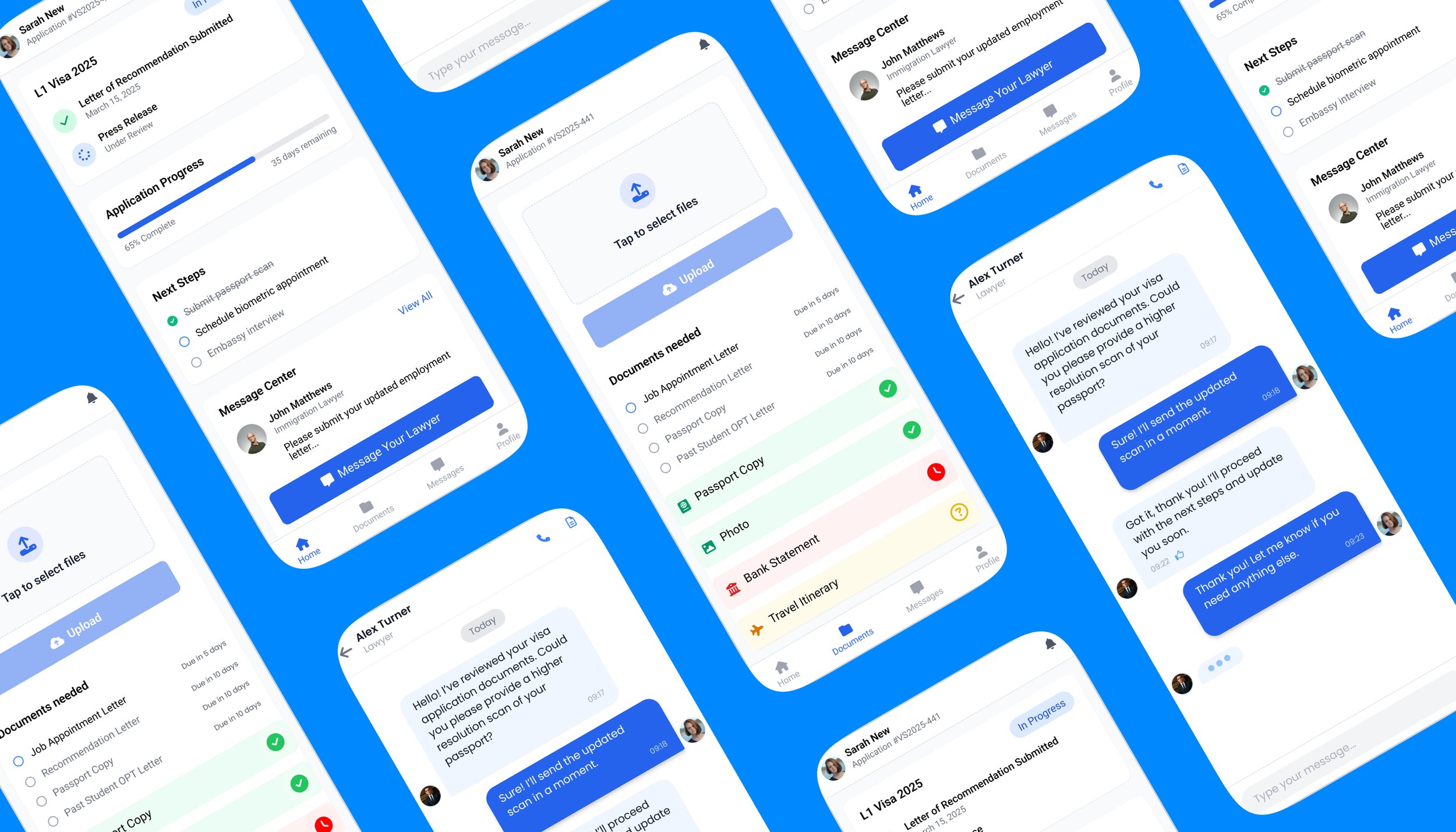 Multiple screenshots of a mobile app showing visa application progress, document uploads, messaging with a lawyer, and next steps for immigration process.