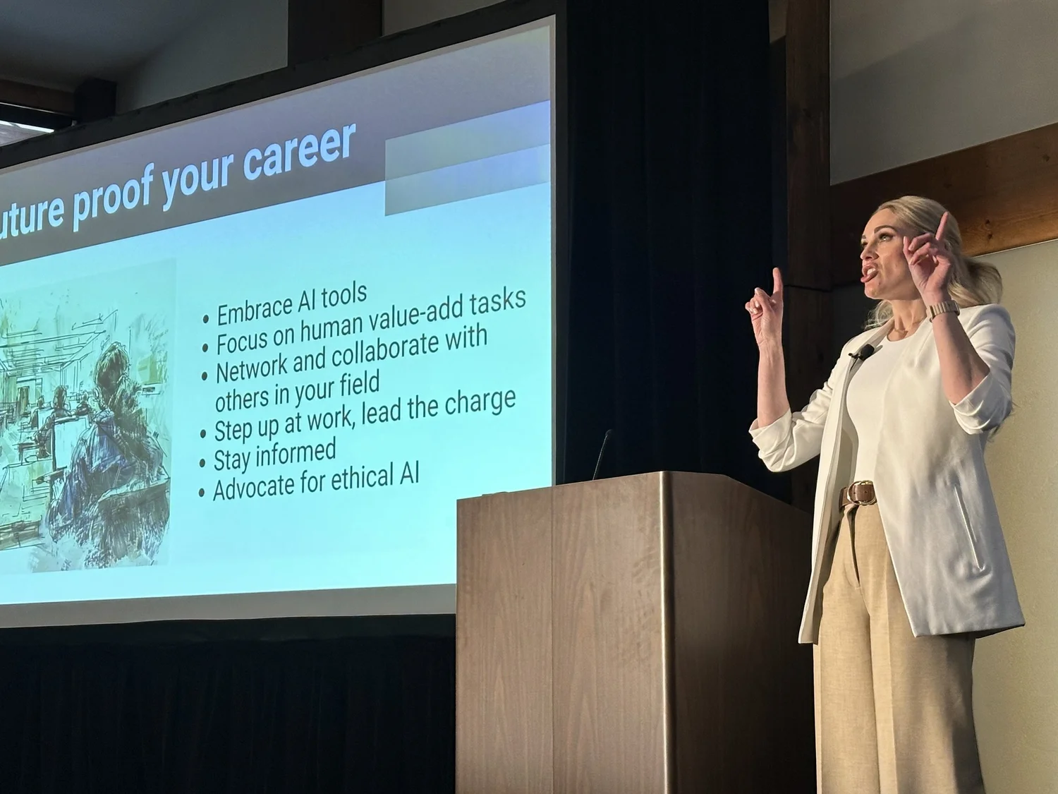 A woman giving a presentation on stage with a slide that says 'future proof your career' and lists tips such as embracing AI tools, focusing on human tasks, networking, leading, staying informed, and advocating for ethical AI.