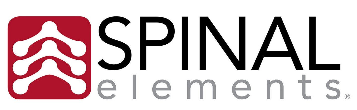 Logo of Spinal Elements, featuring a red square with three white stylized spinal bones and the words 'SPINAL elements' in black and gray text.