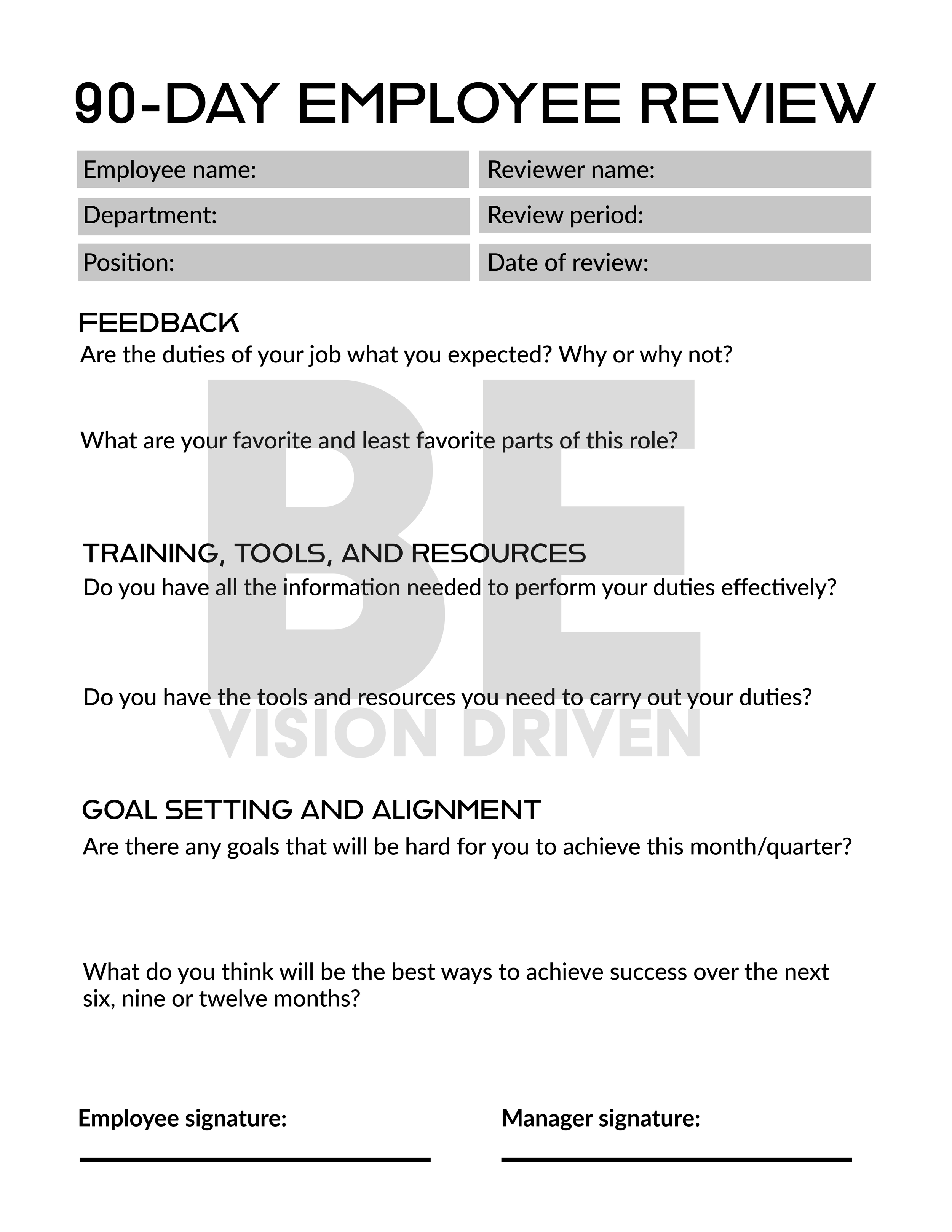 90 DAY EMPLOYEE REVIEW PRINTABLE TEMPLATE
