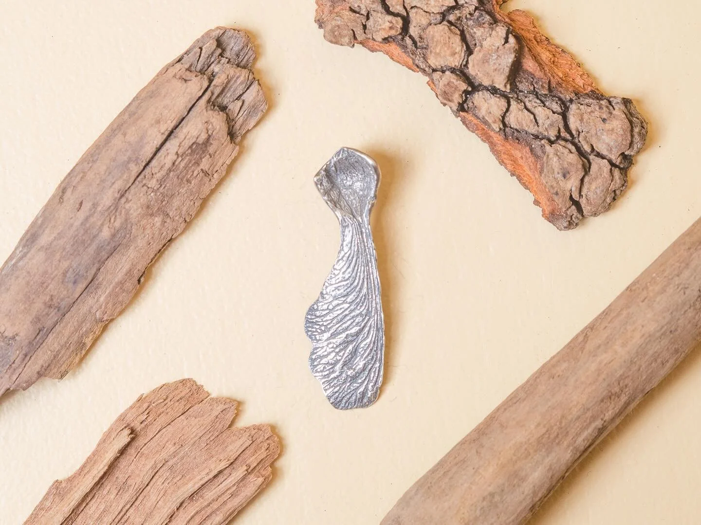 From the limited edition forest collection: Maple Tree &lsquo;helicopter&rsquo; Seed made from real seed.

A one off silver piece, made with silver paste.

Silver paste and silver clay is made from recycled silver. Silver components from electrical d