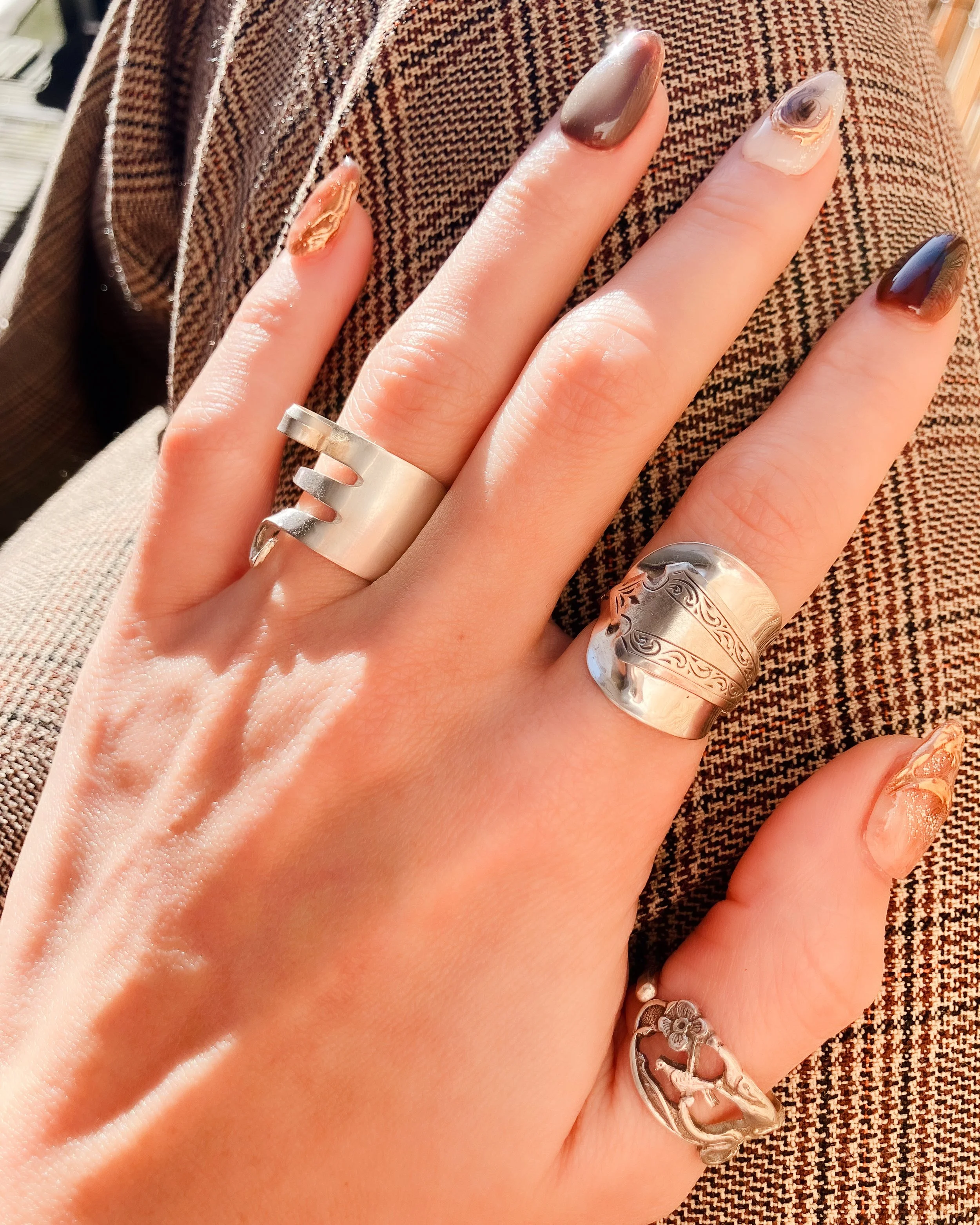 Wide vintage Dutch 925 silver ring made from fork handle with bent tines forming sculptural spirals, handmade by Moonlit Manor Netherlands