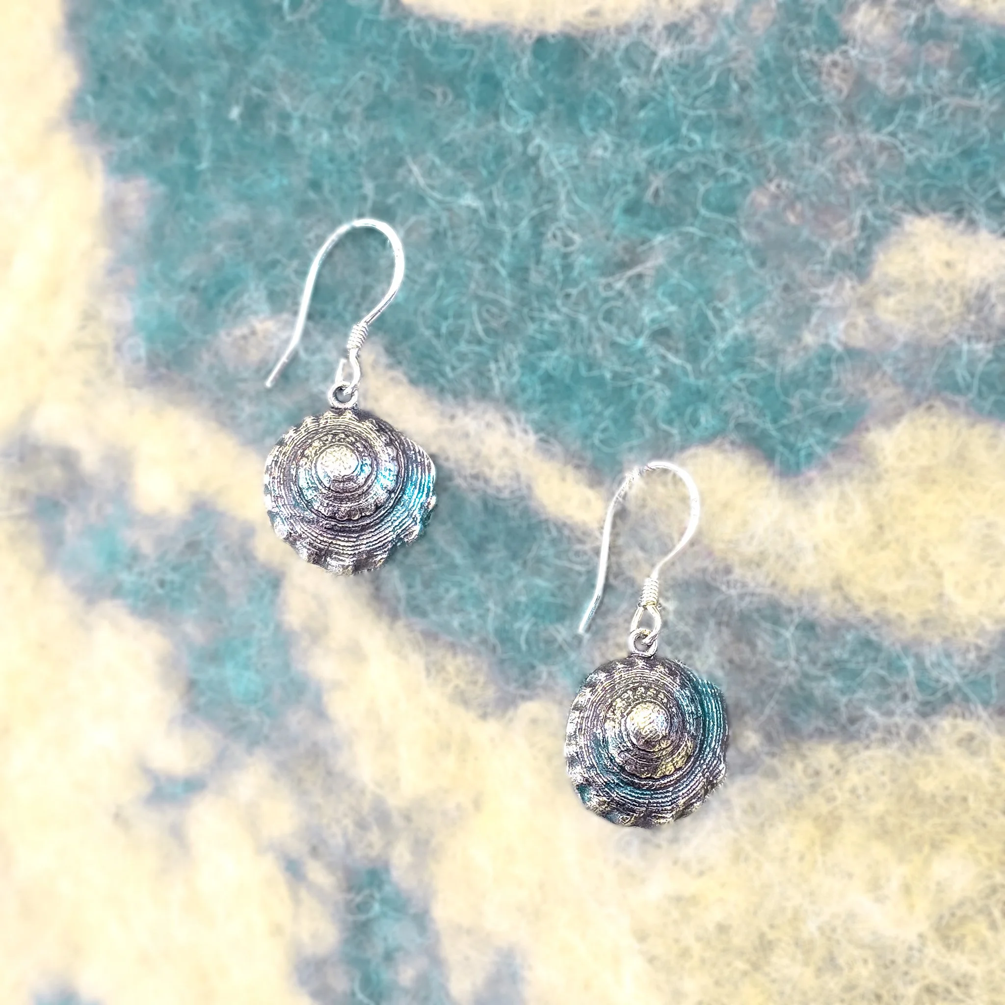 Fine silver round shell earring worn against bare skin, with a large grey scallop shell in the background