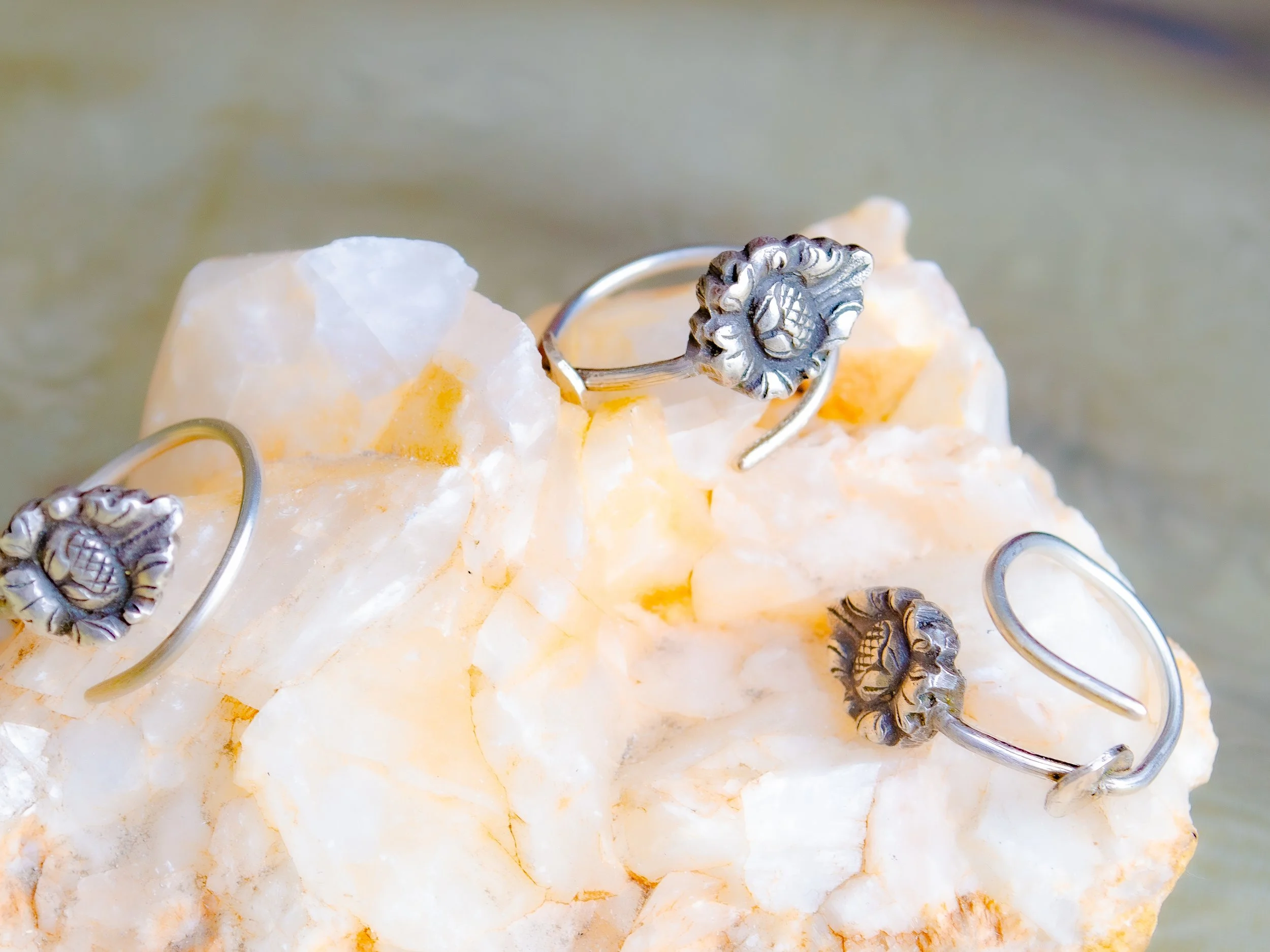 Vintage German 800 silver rings handmade in the Netherlands from cocktail picks, ornate Jugendstil flower motif, on white mineral crystal
