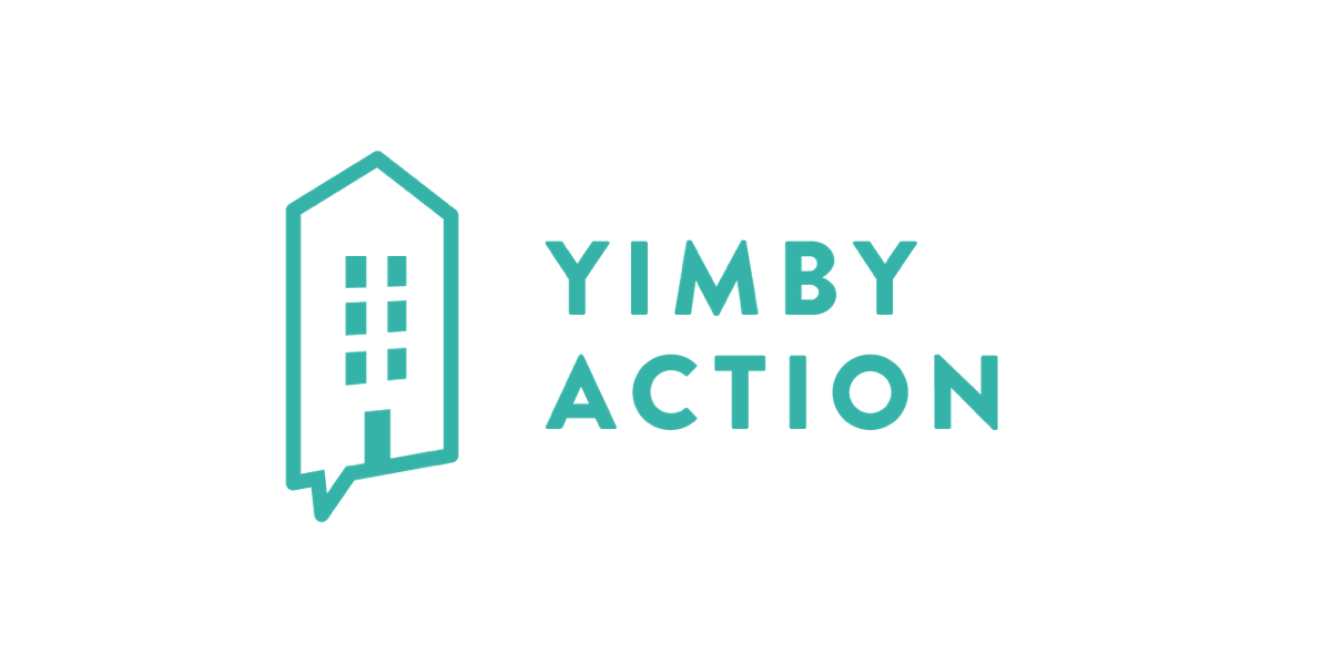 Logo of YIMBY Action featuring a teal outline of a building with a speech bubble as the base, and the text 'YIMBY Action' in teal beside it.