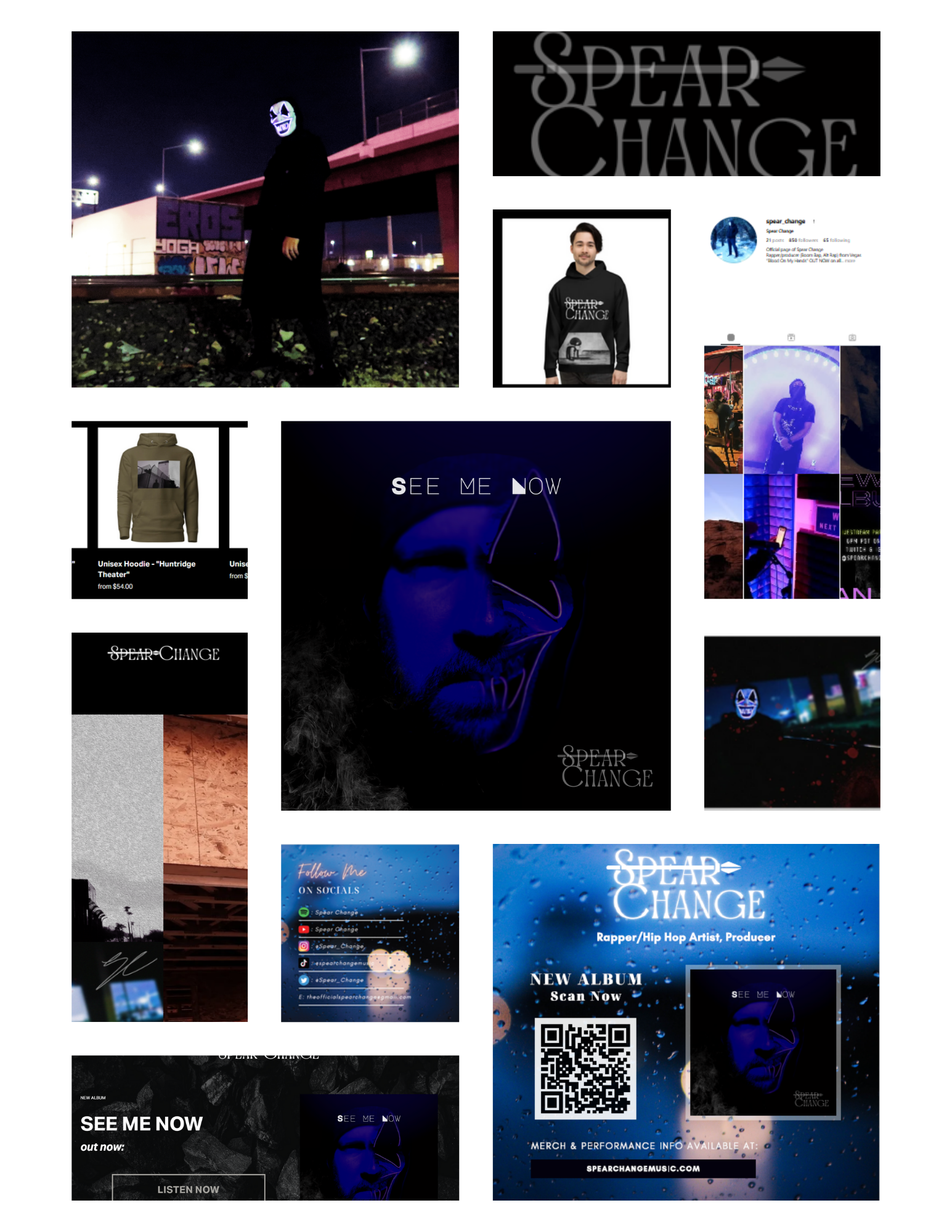Collage of promotional images for the artist Spear Change, including photos of the artist, album artwork, social media graphics, and merchandise advertisements.