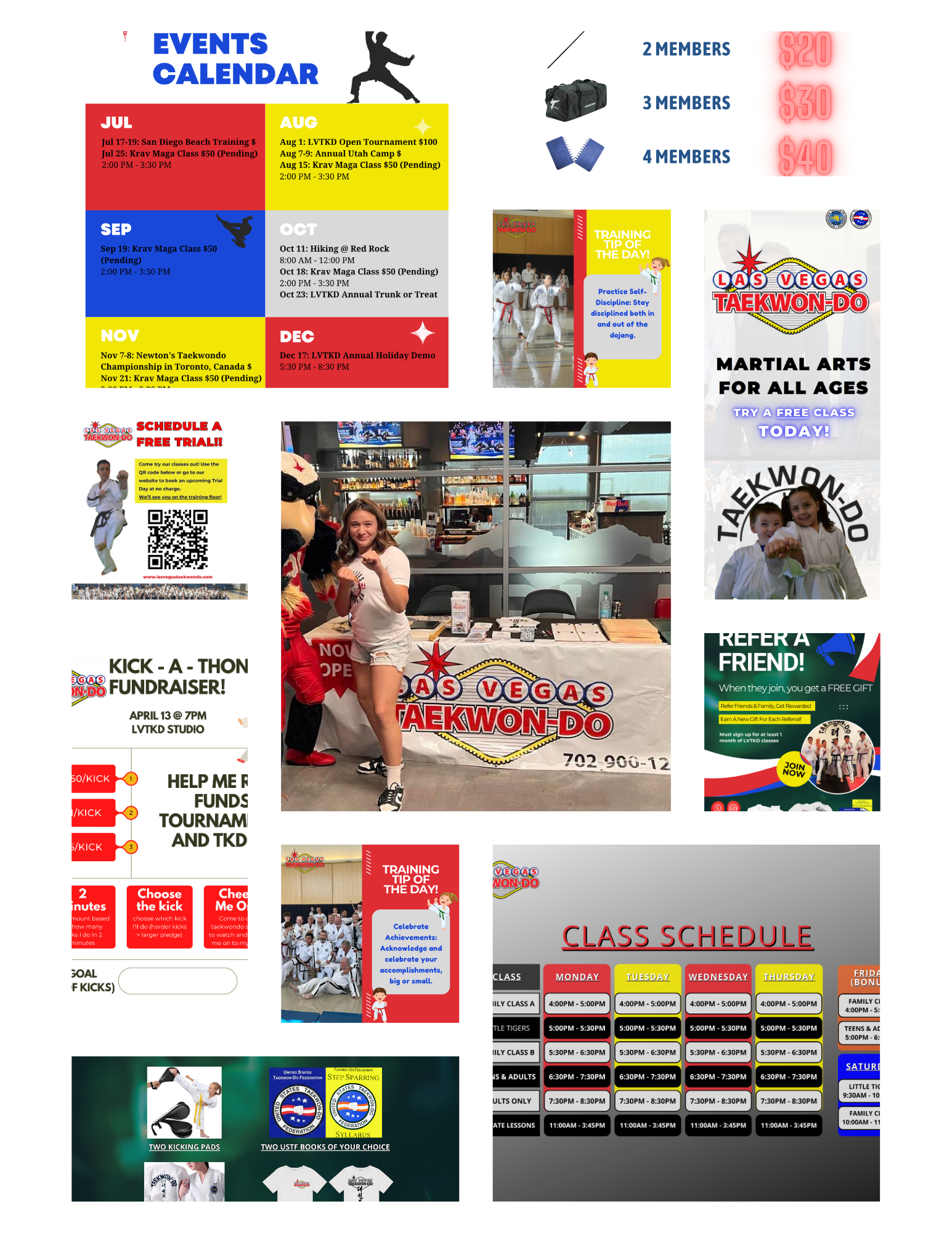 Event calendar for a Taekwondo studio featuring scheduled classes, training tips, fundraising events, and promotional advertisements for free trial classes, membership packages, and referral rewards. The calendar displays July to December activities, class schedules for weekdays, and various photos of students in martial arts uniforms.