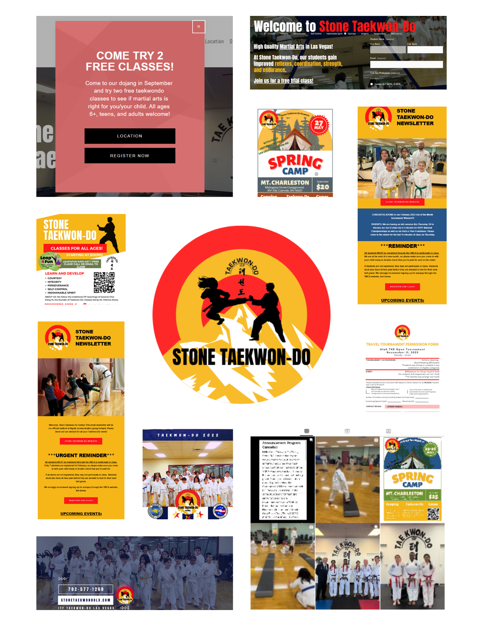 Collection of promotional posters and flyers for Stone Taekwondo classes and events, featuring images of people in martial arts uniforms practicing taekwondo, including group photos and event advertisements.