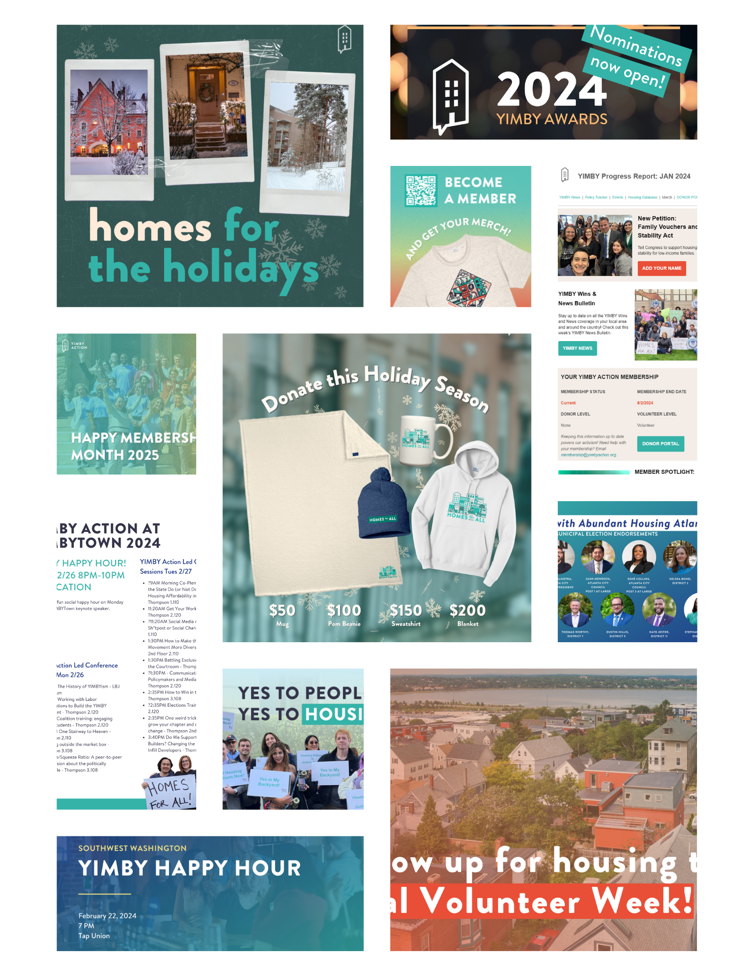 A collage of various promotional images for Homeless Action programs, including holiday home photos, YIMBY awareness efforts, merchandise for donation, and neighborhood housing views.