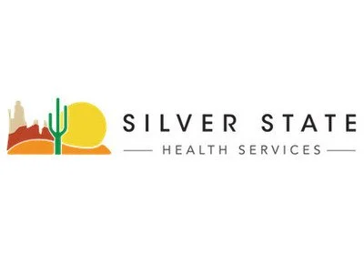 Logo of Silver State Health Services featuring desert landscape with a cactus, mountains, and a setting sun.