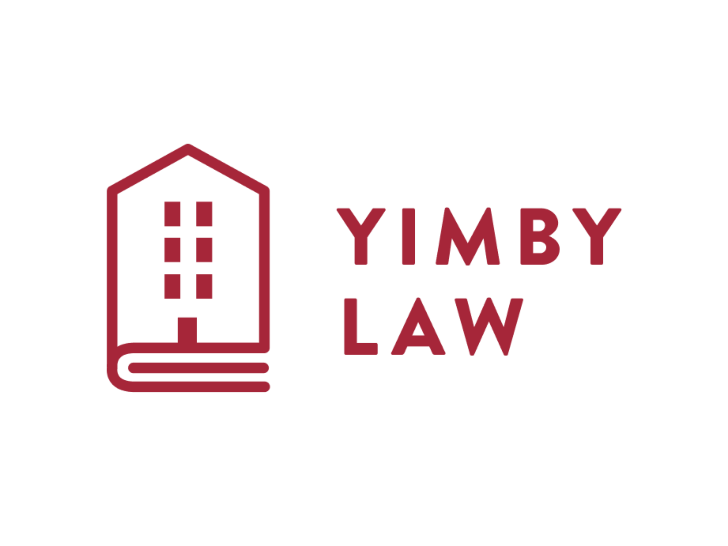 Logo for Yimby Law featuring a stylized house with windows and a book, accompanied by the text 'YIMBY LAW' in maroon.