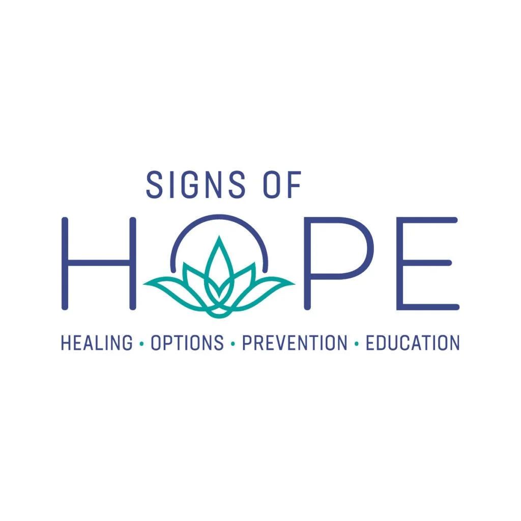Logo with the words "Signs of Hope" and a stylized lotus flower, with the subtitle "Healing, Options, Prevention, Education".