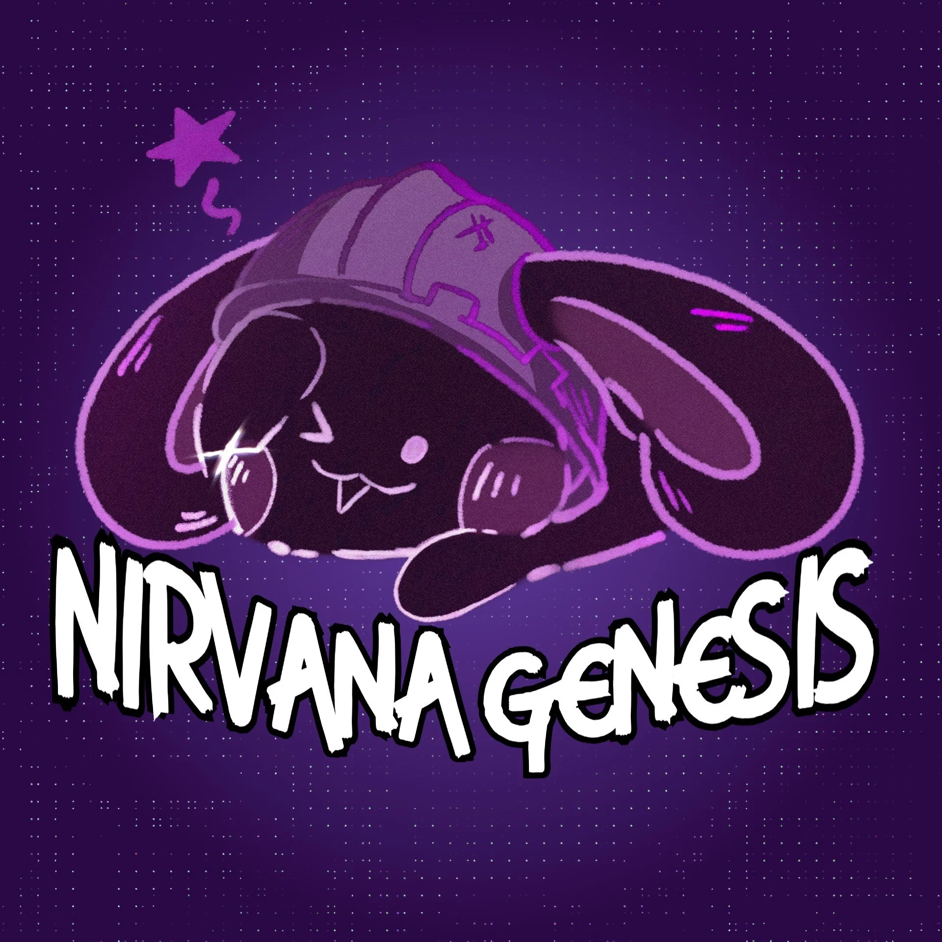 A cartoonish illustration of a person laying on a star-shaped pillow in space, with a dark purple background filled with tiny stars. The person has their eyes closed, and their hair is flowing behind them. The bottom part of the image contains bold, white text that reads "NIRVANA GENSEP."