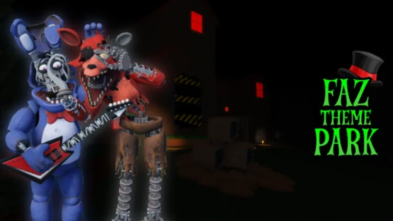 Three animated characters from Fazbear Entertainment in a dark, industrial setting with red glowing windows, warning tape, and the text 'FAZ THEME PARK' with a top hat.