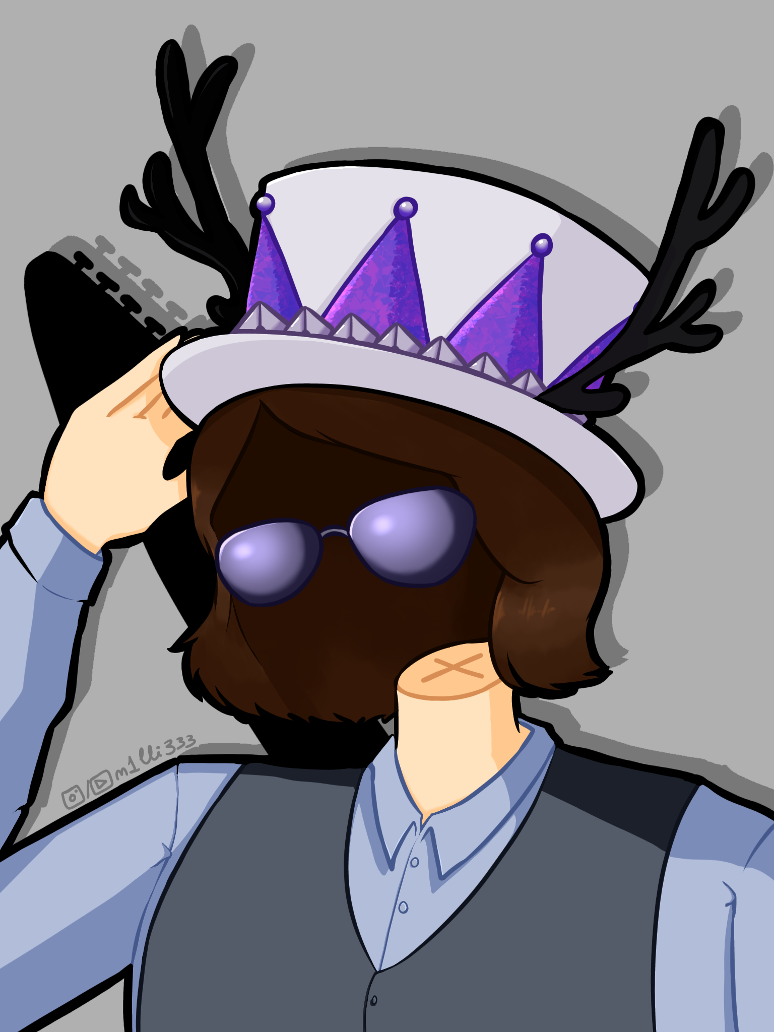 Drawing of a person wearing a gray hat with purple decorations and black antlers, sunglasses, and a gray vest over a blue shirt, with one hand adjusting the hat.