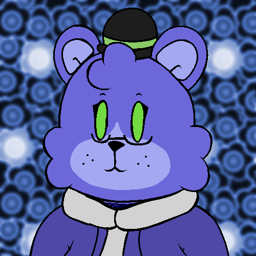 A cartoonish bear character with a red hat, black sunglasses, and a green vest is holding a microphone and standing in front of a group of pumpkins. The background is dark and the scene is lit from below.