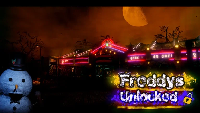 Nighttime scene of a haunted amusement park with an illuminated ride, a moon in the sky, and a snowman figure in the foreground, with a sign that says "Freddy’s Unlocked".