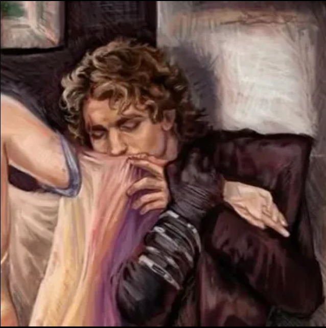 A painted portrait of a woman resting her head on her folded arms, with her eyes closed and an expression of calm.