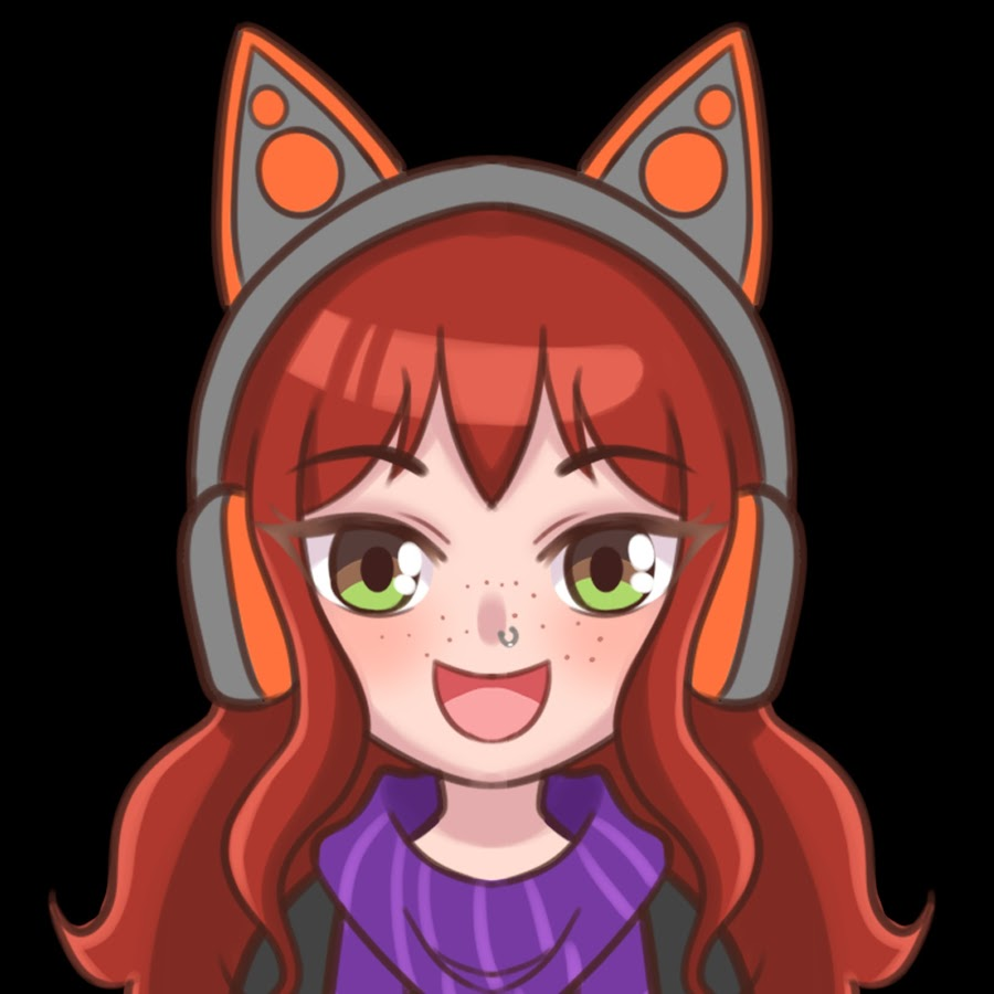 Cartoon girl with long red hair, green eyes, and freckles, wearing a headband with fox ears and headphones.