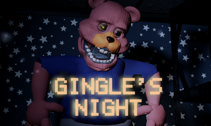 A sinister anthropomorphic bear with a pink fur head, yellow eyes, sharp teeth, wearing a blue shirt, standing in a dark room with star-patterned walls, behind a illuminated sign that says "GINGLE'S NIGHT."