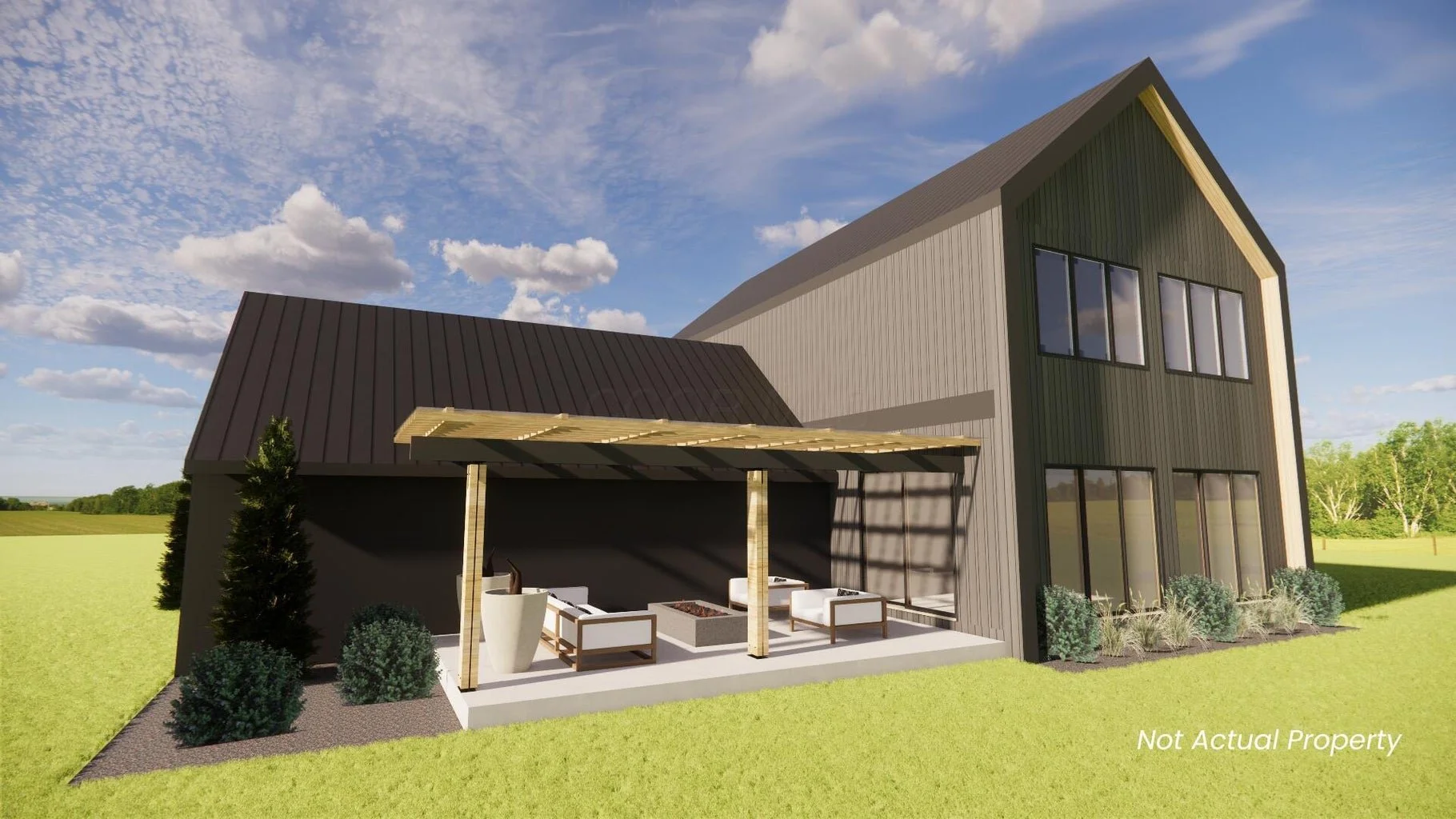 A modern two-story house with a black roof, gray siding, and large windows, featuring a spacious outdoor patio with seating and a pergola, set in a green landscape with trees and blue sky.