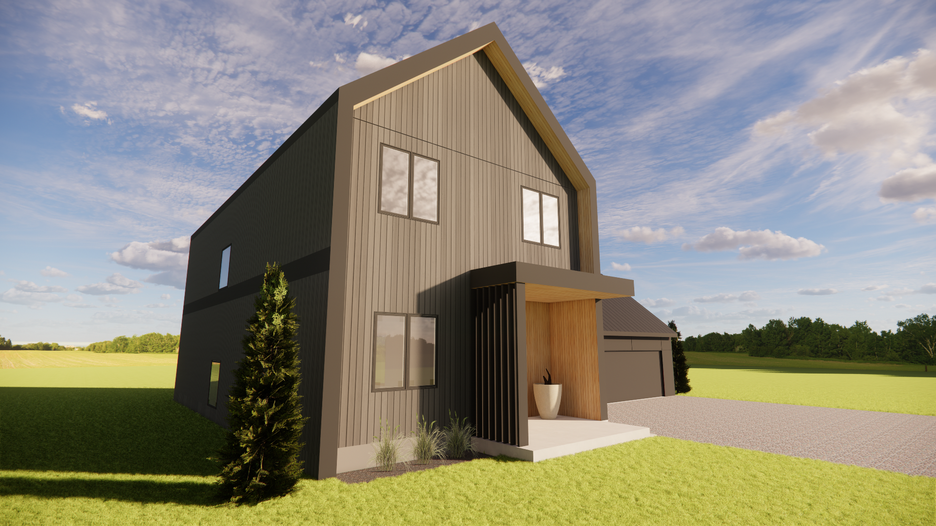 Modern two-story house with vertical black siding, large windows, and a covered front entrance flap, set in a green landscape with a tree and open sky.