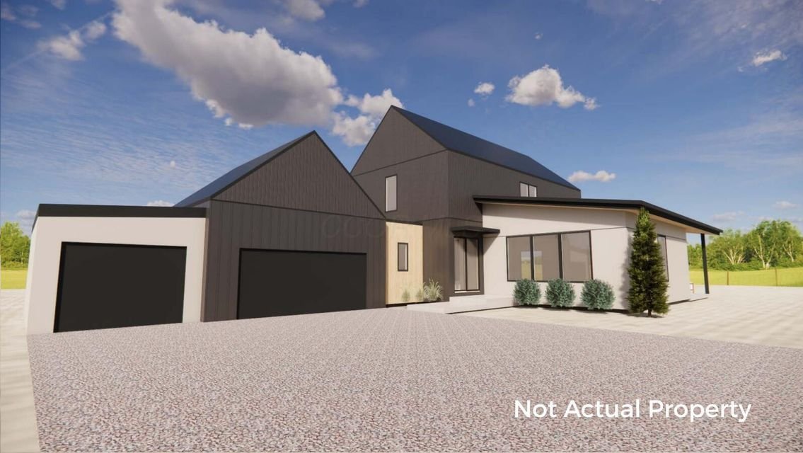 Digital rendering of a modern two-story house with a separate garage, surrounded by grass and trees, under a partly cloudy sky.