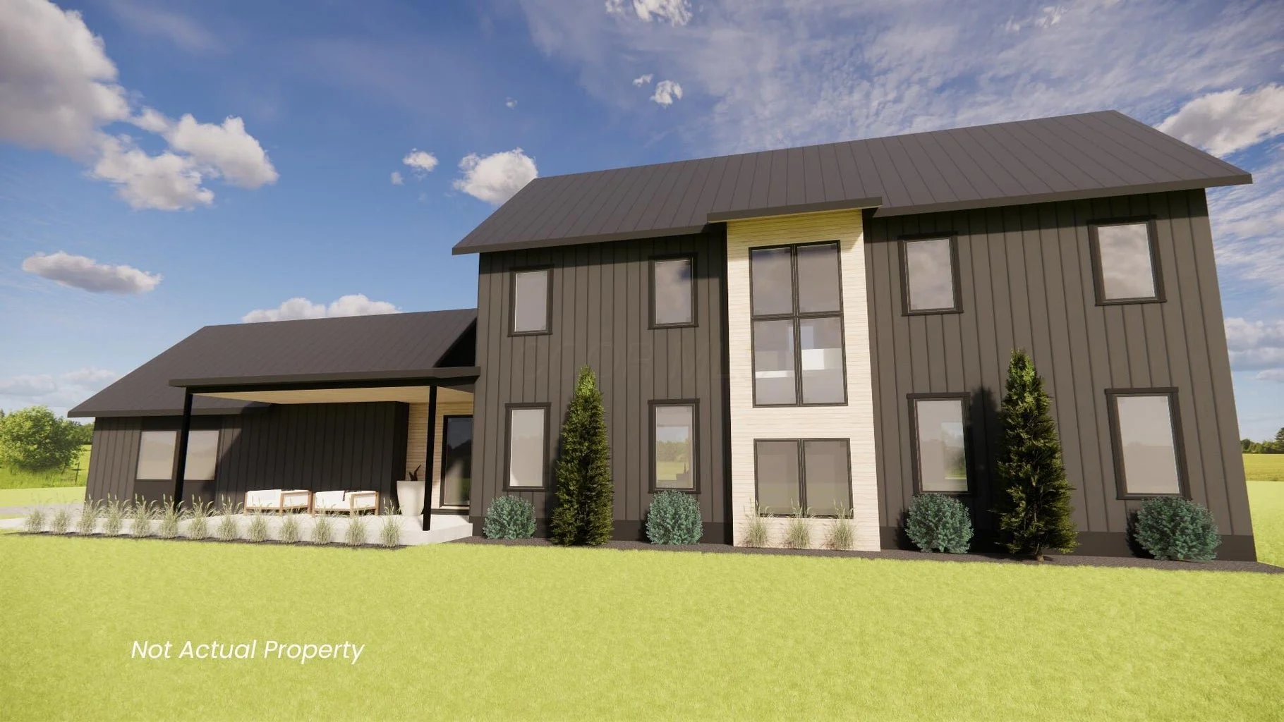 Rendering of a modern two-story house with a black metal roof, black vertical siding, and large windows. There is a covered porch on the left side with outdoor seating and landscaping with tall trees and shrubs in the front yard. Clear sky with scattered clouds in the background.