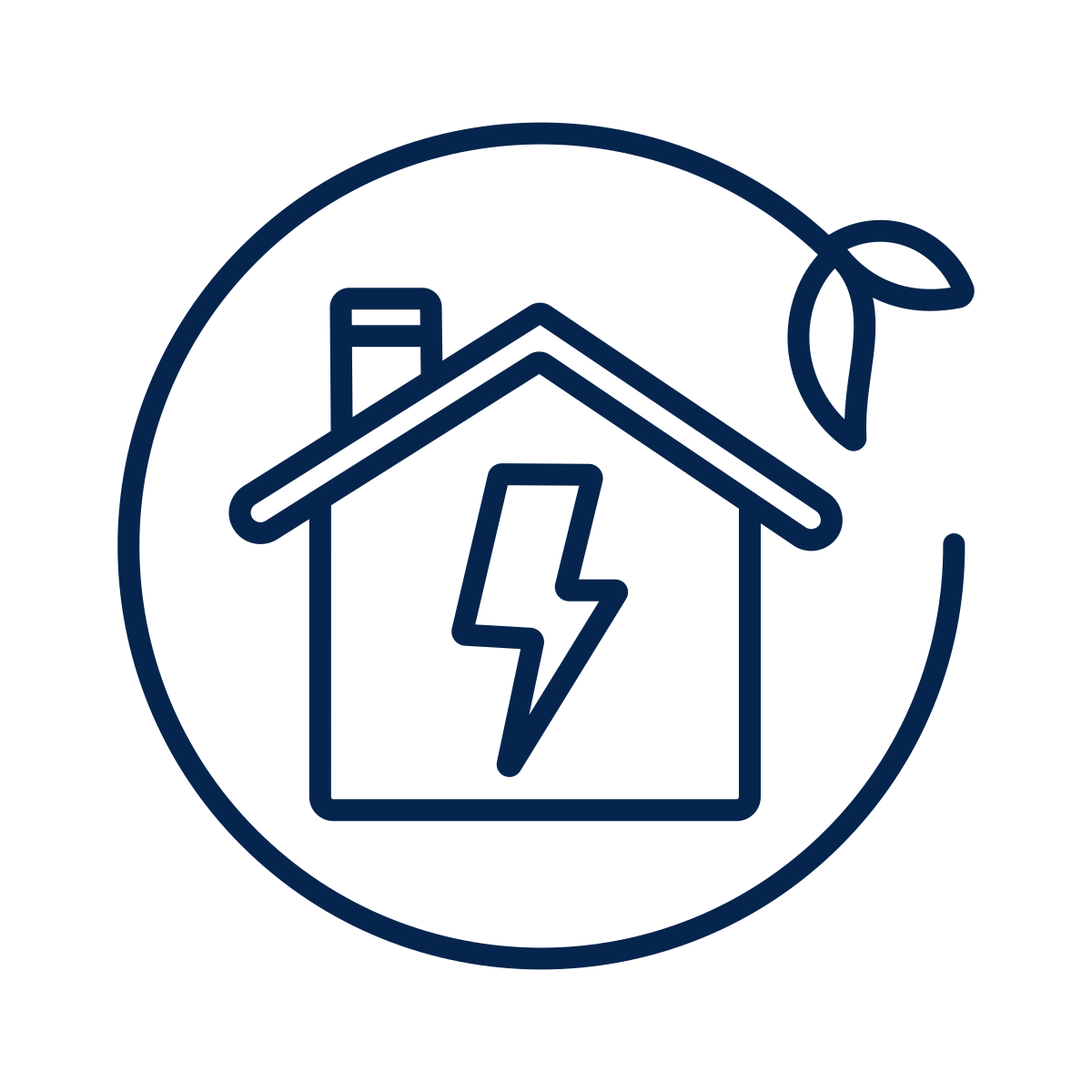 Line drawing of a house with a lightning bolt inside, surrounded by a circular arrow and a leaf, indicating eco-friendly or green energy.
