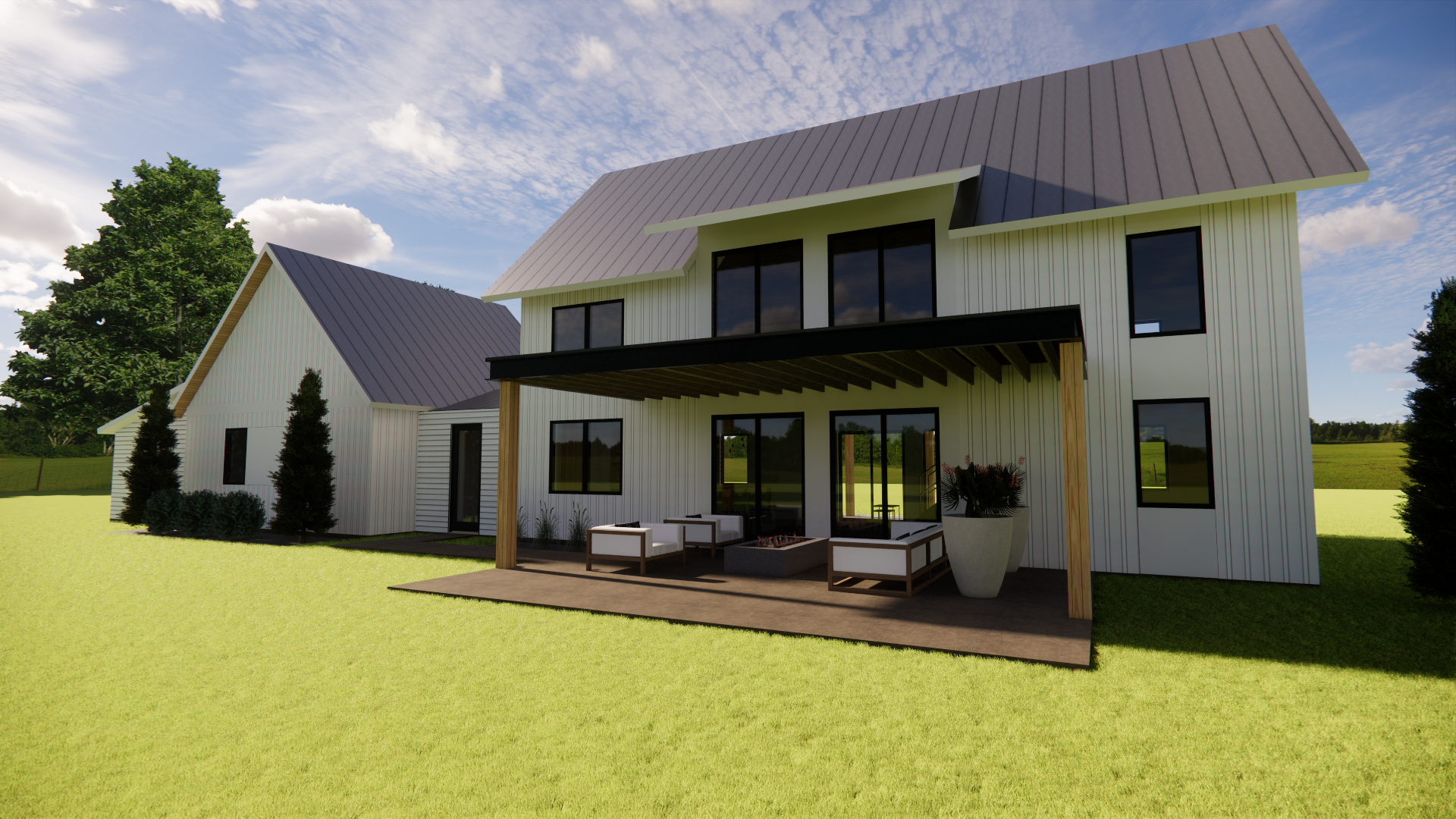Modern white two-story house with a covered patio, black window frames, surrounded by green lawn, trees, and blue sky with clouds.