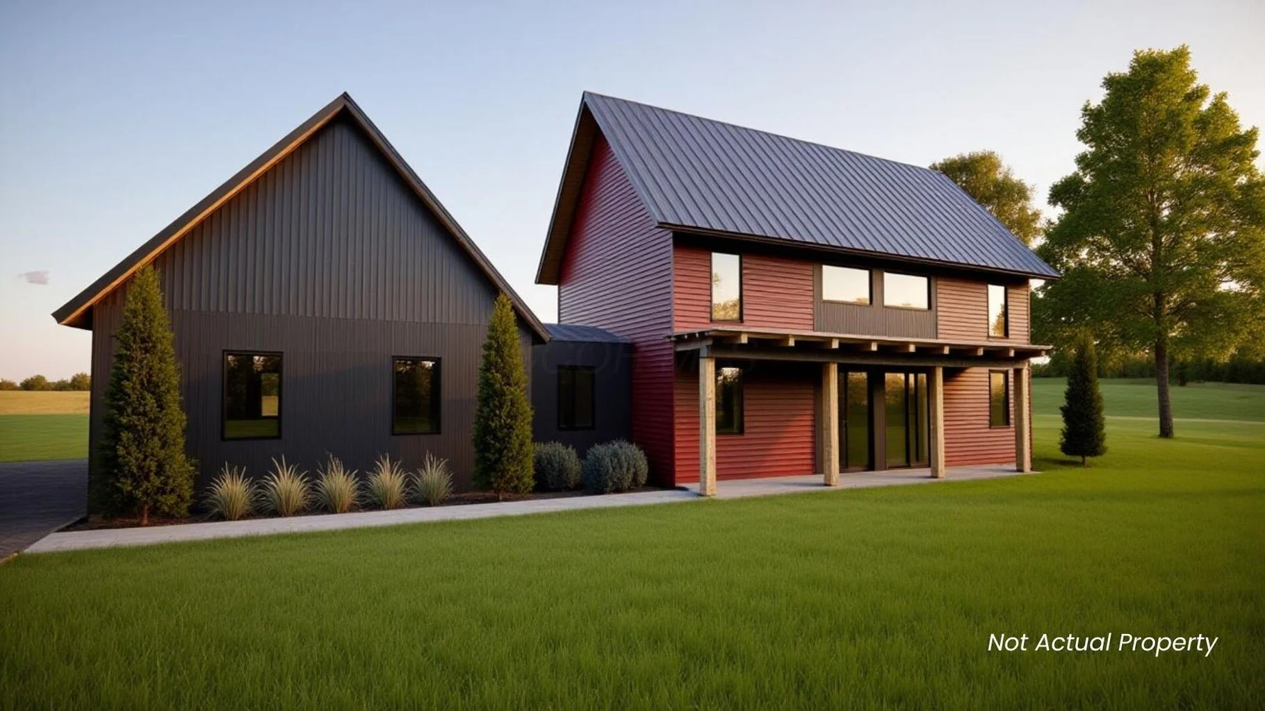 A modern two-story house with a wood and metal exterior, surrounded by a lush green lawn and trees, under a clear sky.
