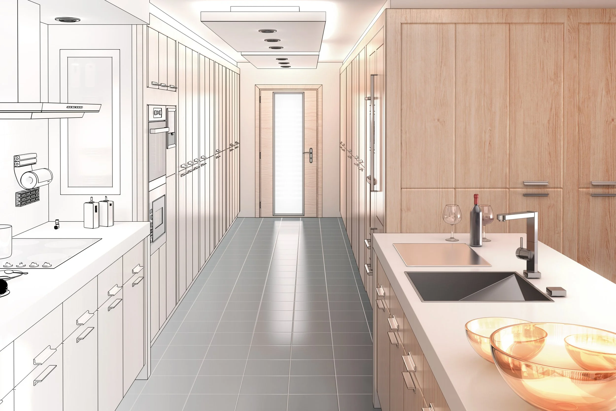 A kitchen with a mix of finished and sketch-style cabinets, a countertop with bowls and a bottle, modern sink, gray tiled floor, and a door at the far end.